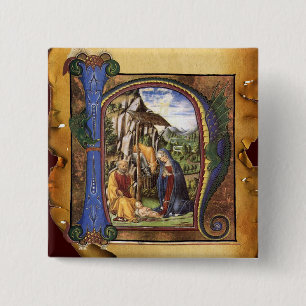 NATIVITY MONOGRAM CHRISTMAS PARCHMENT 2 INCH SQUARE BUTTON