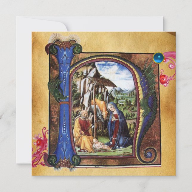 NATIVITY MONOGRAM CHRISTMAS PARCHMENT Blue Gem Invitation (Front)