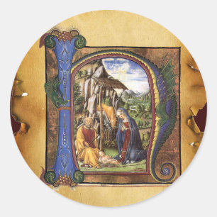 NATIVITY MONOGRAM CHRISTMAS PARCHMENT CLASSIC ROUND STICKER