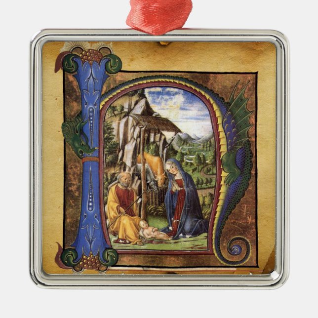 NATIVITY MONOGRAM CHRISTMAS PARCHMENT METAL ORNAMENT (Front)