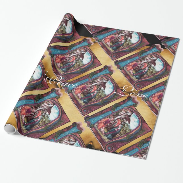 NATIVITY MONOGRAM CHRISTMAS PARCHMENT Pink Blue Wrapping Paper (Unrolled)