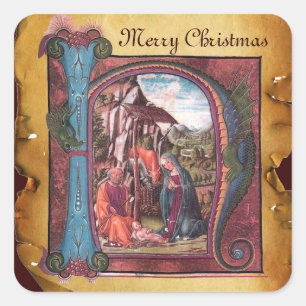 NATIVITY MONOGRAM CHRISTMAS PARCHMENT SQUARE STICKER
