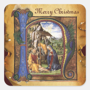 NATIVITY MONOGRAM CHRISTMAS PARCHMENT SQUARE STICKER