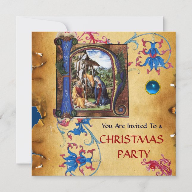 NATIVITY MONOGRAM FLORAL CHRISTMAS PARCHMENT INVITATION (Front)