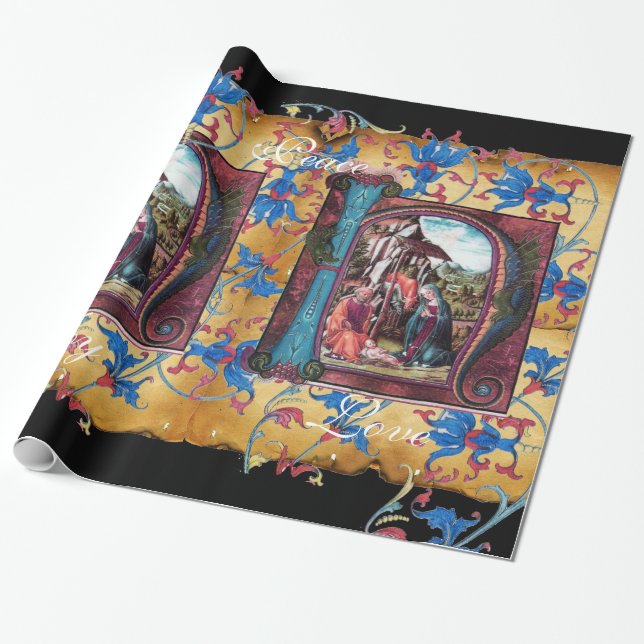 NATIVITY MONOGRAM FLORAL CHRISTMAS PARCHMENT WRAPPING PAPER (Unrolled)