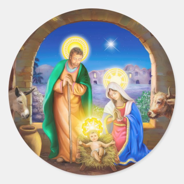 Nativity of Jesus with Josef and Mary, cows, donky Classic Round Sticker (Front)