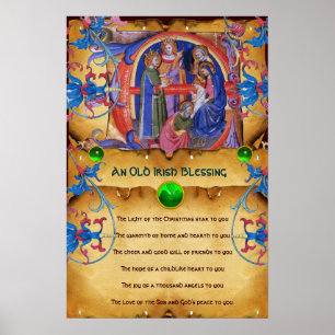 NATIVITY Old Irish Christmas Blessing Parchment Poster