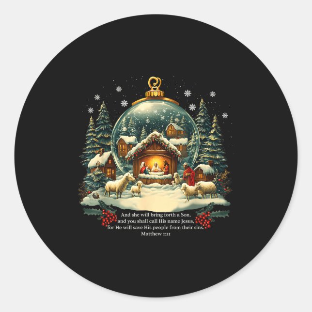 Nativity Ornament Christmas Scene Matthew 1_21  Classic Round Sticker (Front)
