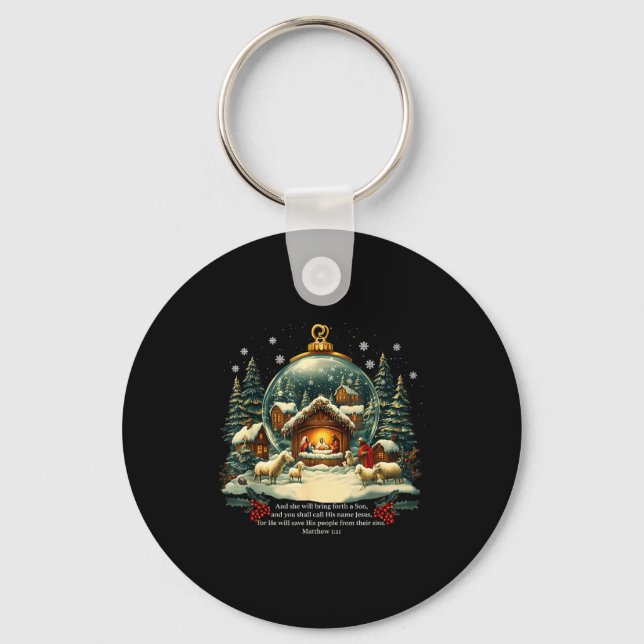 Nativity Ornament Christmas Scene Matthew 1_21  Keychain (Front)