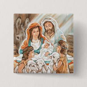 Nativity Painting with Little Shepherd Boys 2 Inch Square Button