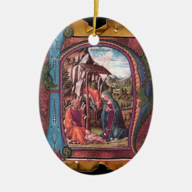 NATIVITY PARCHMENT Blue Gemstone Monogram Ceramic Ornament (Front)