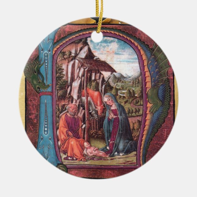 NATIVITY PARCHMENT Blue Gemstone Monogram Ceramic Ornament (Front)