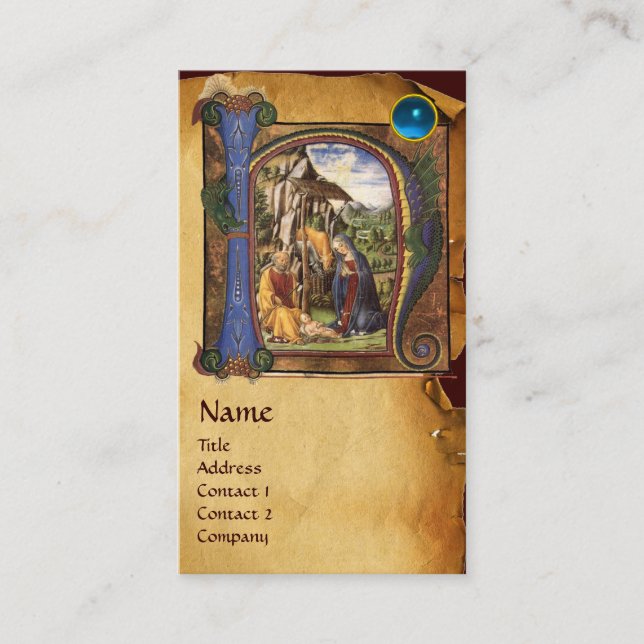 NATIVITY PARCHMENT  Blue Sapphire Monogram Business Card (Front)