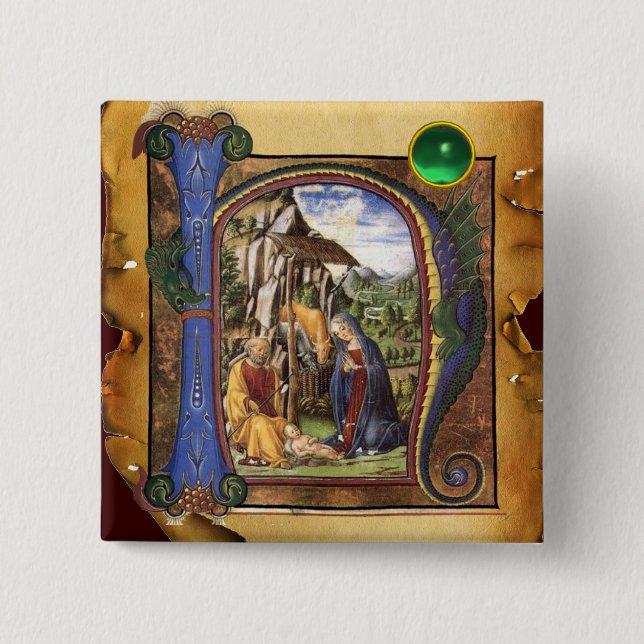 NATIVITY PARCHMENT Green Jade Monogram 2 Inch Square Button (Front)