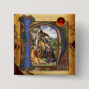 NATIVITY PARCHMENT Red Ruby Monogram 2 Inch Square Button