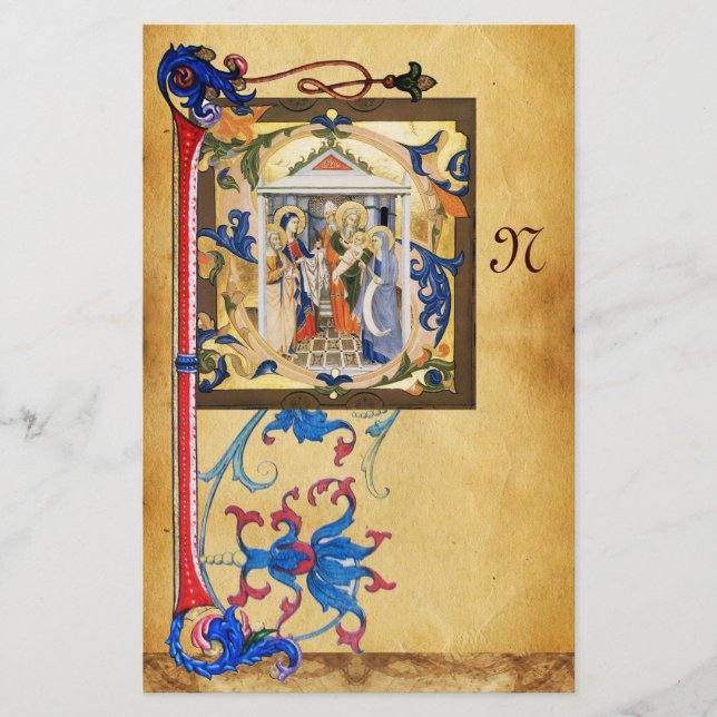 NATIVITY PARCHMENT WITH FLORENTINE FLORAL MONOGRAM STATIONERY (Front)