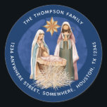 Nativity Return Name Address Gold Text Blue Classic Round Sticker<br><div class="desc">A beautiful painted Nativity Scene,  with Mary,  Joseph and baby Jesus in a manger in the centre,  on a dark blue background with white lettering. Easily personalise your name which is curved above,  and your return address curved below.</div>