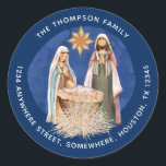 Nativity Return Name Address Gold Text Blue Classic Round Sticker<br><div class="desc">A beautiful painted Nativity Scene,  with Mary,  Joseph and baby Jesus in a manger in the centre,  on a dark blue background with white lettering. Easily personalise your name which is curved above,  and your return address curved below.</div>