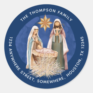 Nativity Return Name Address Gold Text Blue Classic Round Sticker