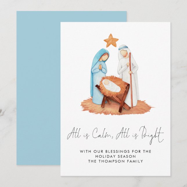 Nativity Scene All Is Calm Christmas  Holiday Card (Front/Back)