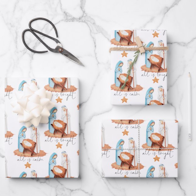 Nativity Scene All Is Calm Script Christmas Wrapping Paper Sheet (Front)