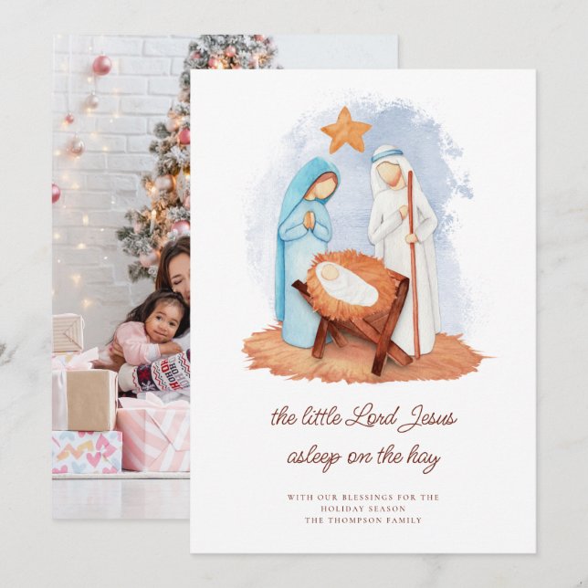Nativity Scene Asleep on The Hay Photo Christmas  Holiday Card (Front/Back)