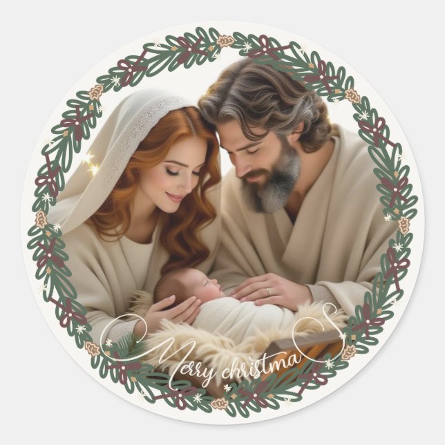 Nativity Scene Baby Jesus in the Manger Your Photo Classic Round Sticker (Front)