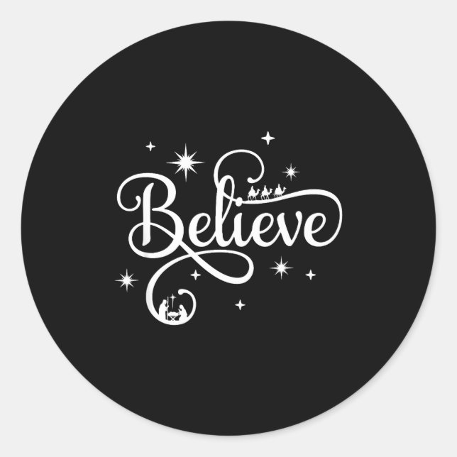 Nativity Scene Believe Christian Family Merry Chri Classic Round Sticker (Front)