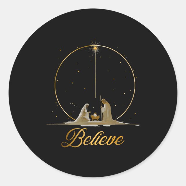 Nativity Scene Believe Christian Xmas Family Merry Classic Round Sticker (Front)
