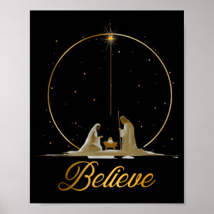 Nativity Scene Believe Christian Xmas Family Merry Poster