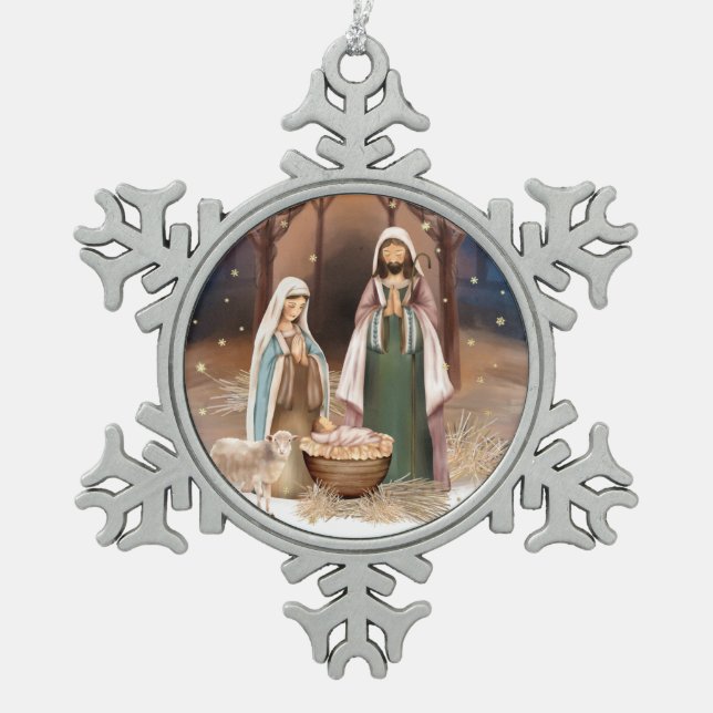 Nativity Scene Christmas Gift Snowflake Pewter Christmas Ornament (Front)