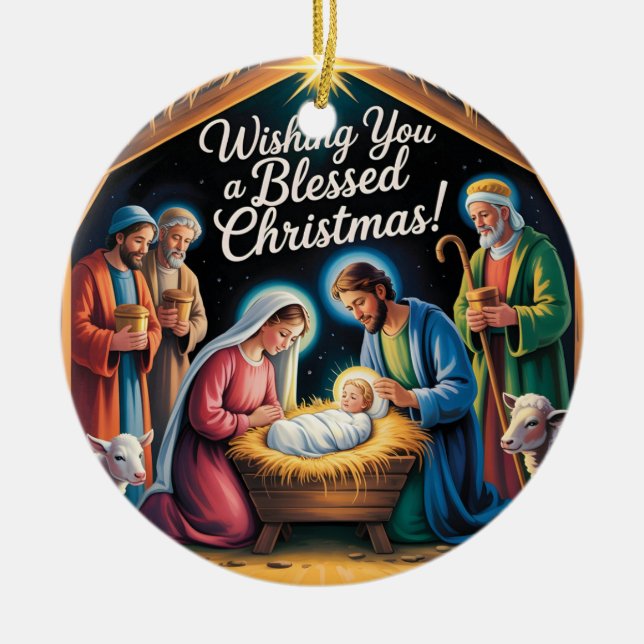 Nativity Scene Christmas Greeting Ceramic Ornament (Front)