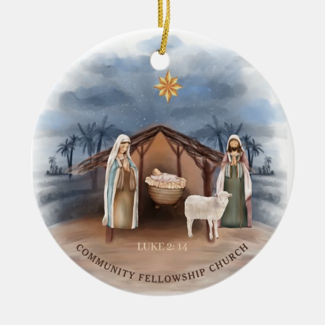 Nativity Scene Church Name Christian Christmas Ceramic Ornament (Front)