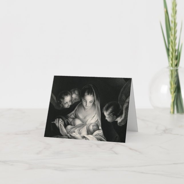 Nativity Scene Crib Virgin Mary Baby Jesus Angels Holiday Card (Front)