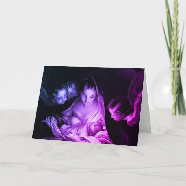 Nativity Scene Crib Virgin Mary Baby Jesus Purple Holiday Card (Front)