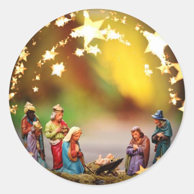 Nativity Scene Crib Virgin Mary Infant Jesus Stars Classic Round Sticker (Front)