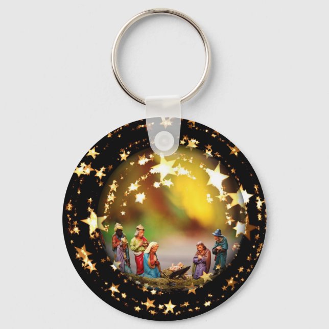 Nativity Scene Crib Virgin Mary Infant Jesus Stars Keychain (Front)