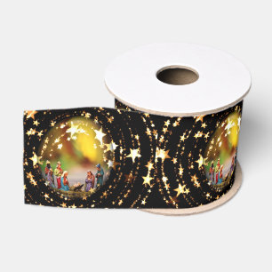 Nativity Scene Crib Virgin Mary Jesus Joseph Stars Grosgrain Ribbon