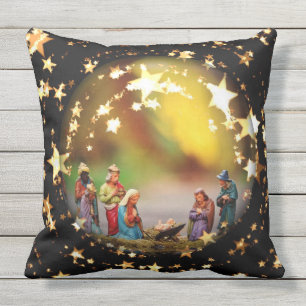 Nativity Scene Crib Virgin Mary Jesus Joseph Stars Throw Pillow