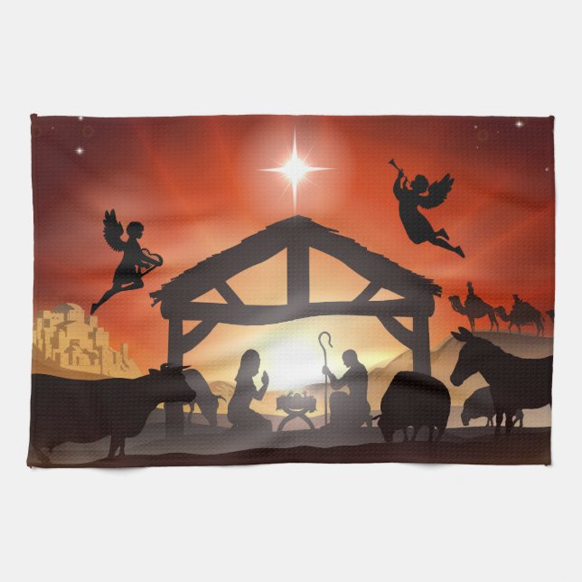 Nativity Scene Holiday Religious Christmas Kitchen Towel (Horizontal)
