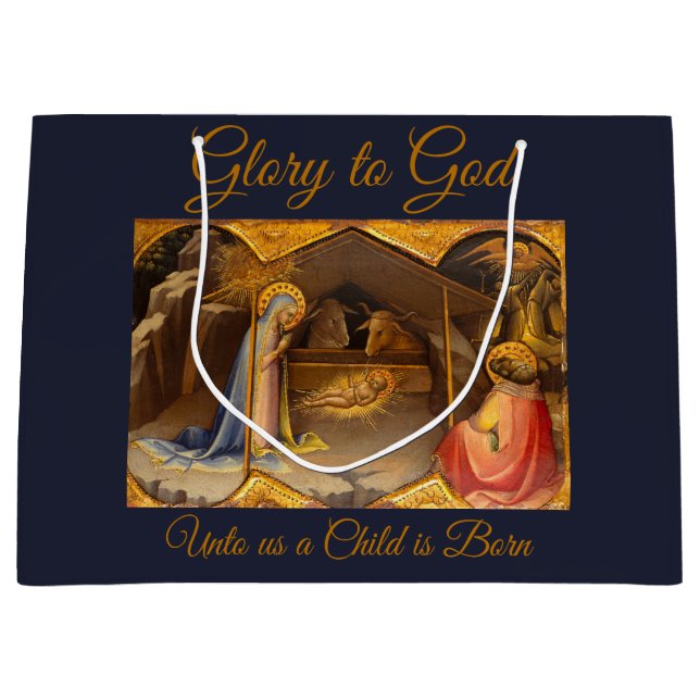 Nativity Scene in Gold Glory to God Large Gift Bag (Front)