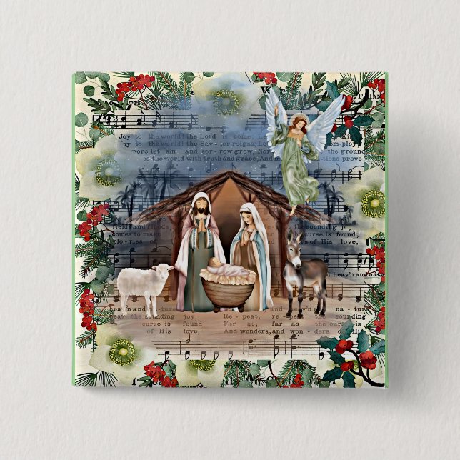 Nativity Scene, Joy to the World, 2 Inch Square Button (Front)