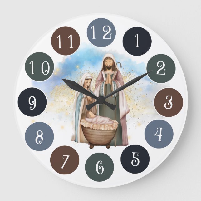 Nativity Scene - Mary, Joseph and Jesus  Large Clock (Front)