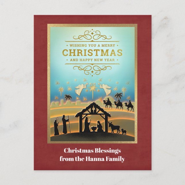 Nativity Scene "Merry Christmas & Happy New Year" Holiday Postcard (Front)
