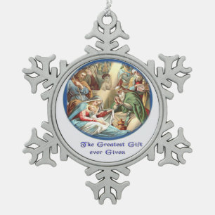 Nativity Scene Snowflake Pewter Christmas Ornament