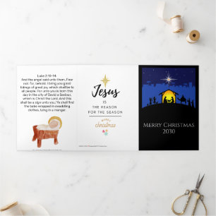 Nativity Scene White Star Church Christmas Tri-Fold Holiday Card