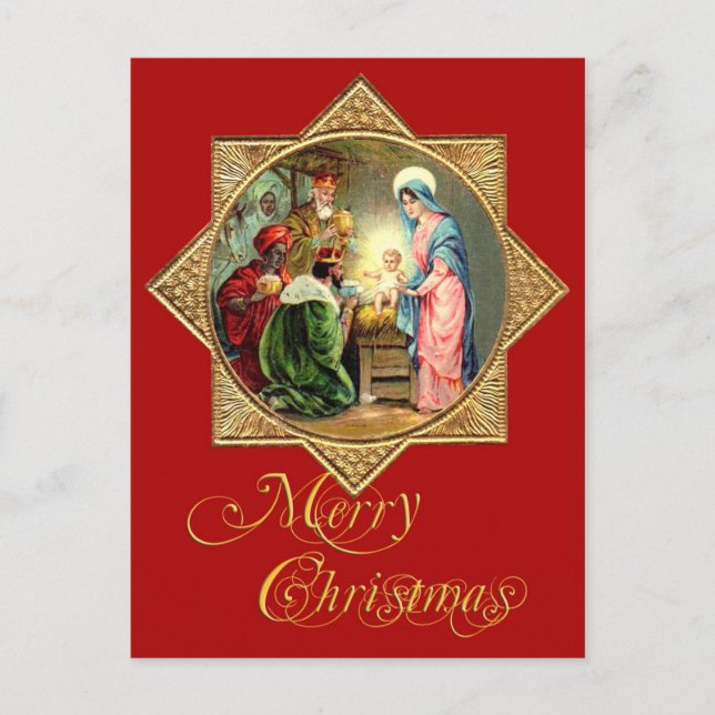 Nativity Scene within a Gold, Embossed Star Holiday Postcard (Front)