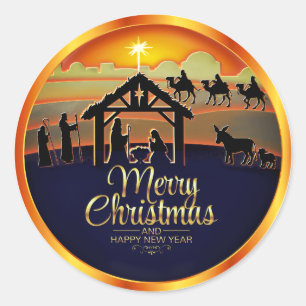 Nativity Silhouette "Merry Christmas" Classic Round Sticker
