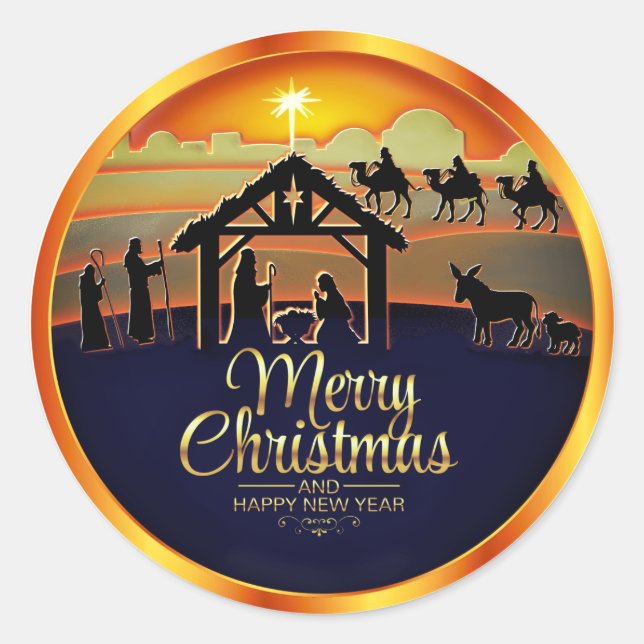 Nativity Silhouette "Merry Christmas" Classic Round Sticker (Front)