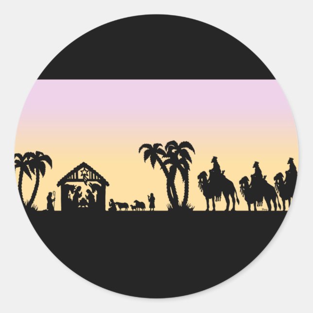 Nativity Silhouette Wise Men on the Horizon Classic Round Sticker (Front)